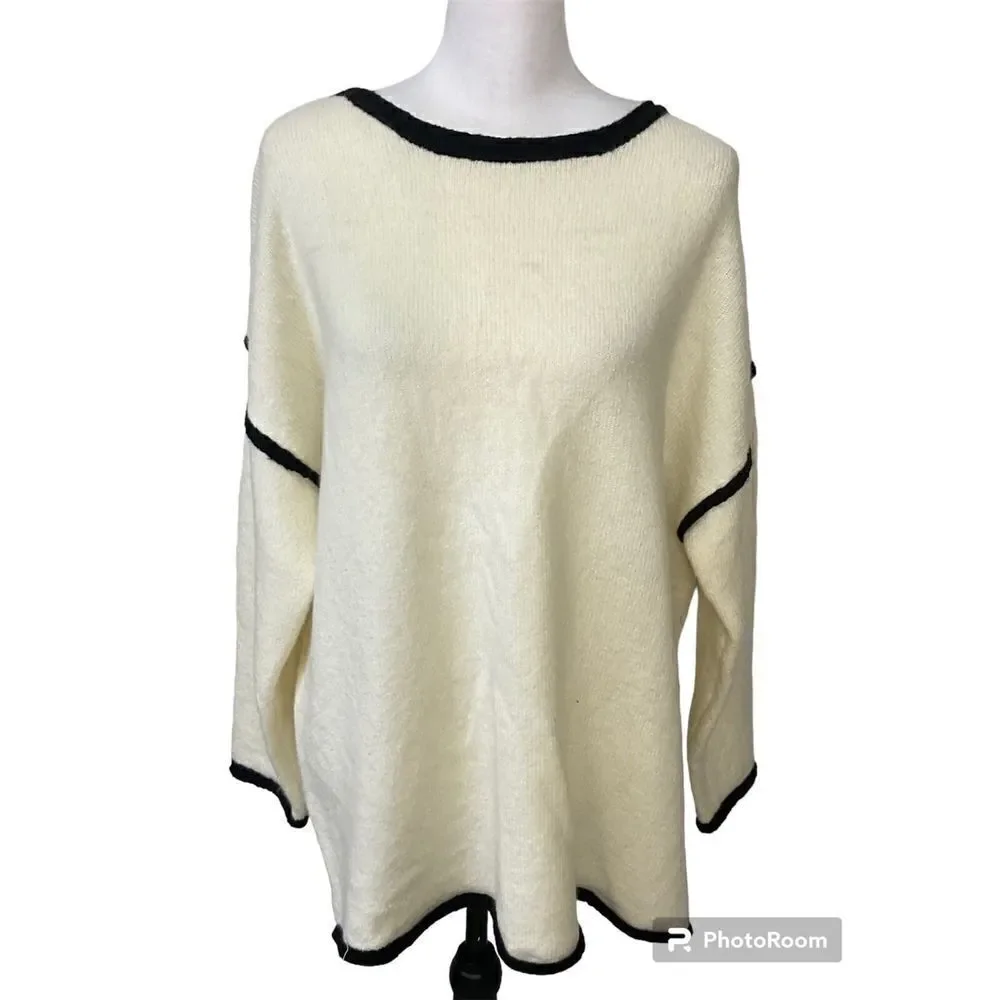 Vine And Love Women L Cream Sweater Black Trim Oversized Comfort Long Sleeve N2 - Picture 3 of 12